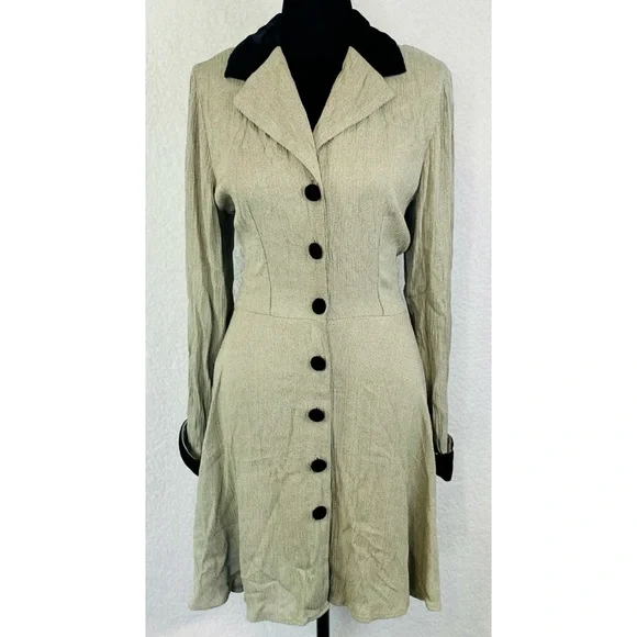 (VTG) CITY TRIANGLES • Sand/Brown Velvet Trim Button Long Sleeve Mini Dress, 7 - Picture 8 of 16